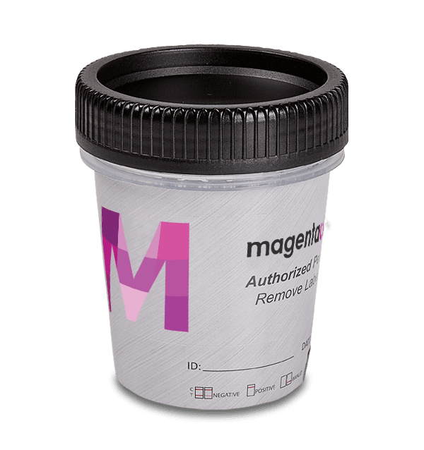 12 Panel Magenta Urine Cup test device showing result windows for Amphetamine, Barbiturates, Buprenorphine, Benzodiazepines and 8 more analytes view 4