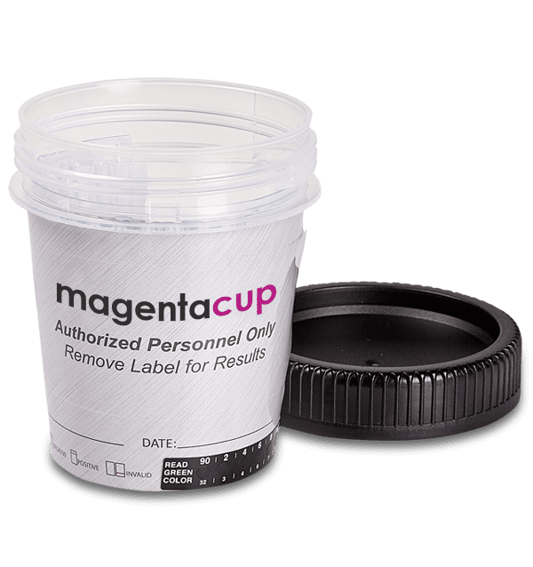 12 Panel Magenta Urine Cup test device showing result windows for Amphetamine, Barbiturates, Buprenorphine, Benzodiazepines and 8 more analytes view 2