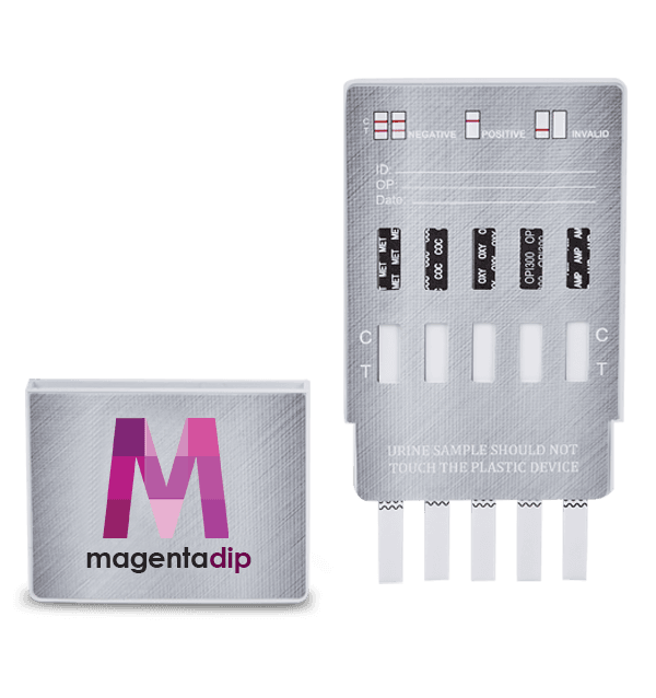 6 Panel CLIA-Waived Magenta Dip Card test device showing result windows for Amphetamine, Benzodiazepines, Cocaine, Methamphetamine and 2 more analytes view 2