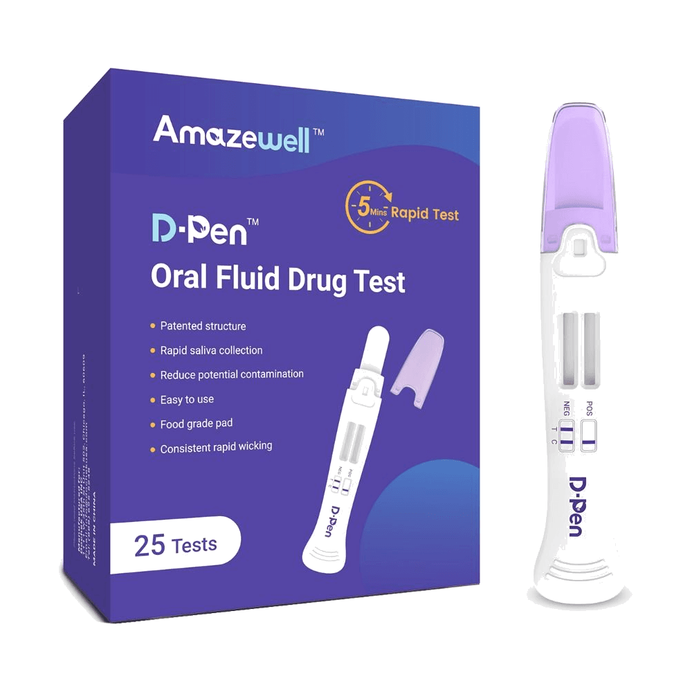 12-Panel D-Pen Oral Fluid Drug Test (with Alcohol) test device showing result windows for Amphetamine, Barbiturates, Buprenorphine, Benzodiazepines and 8 more analytes