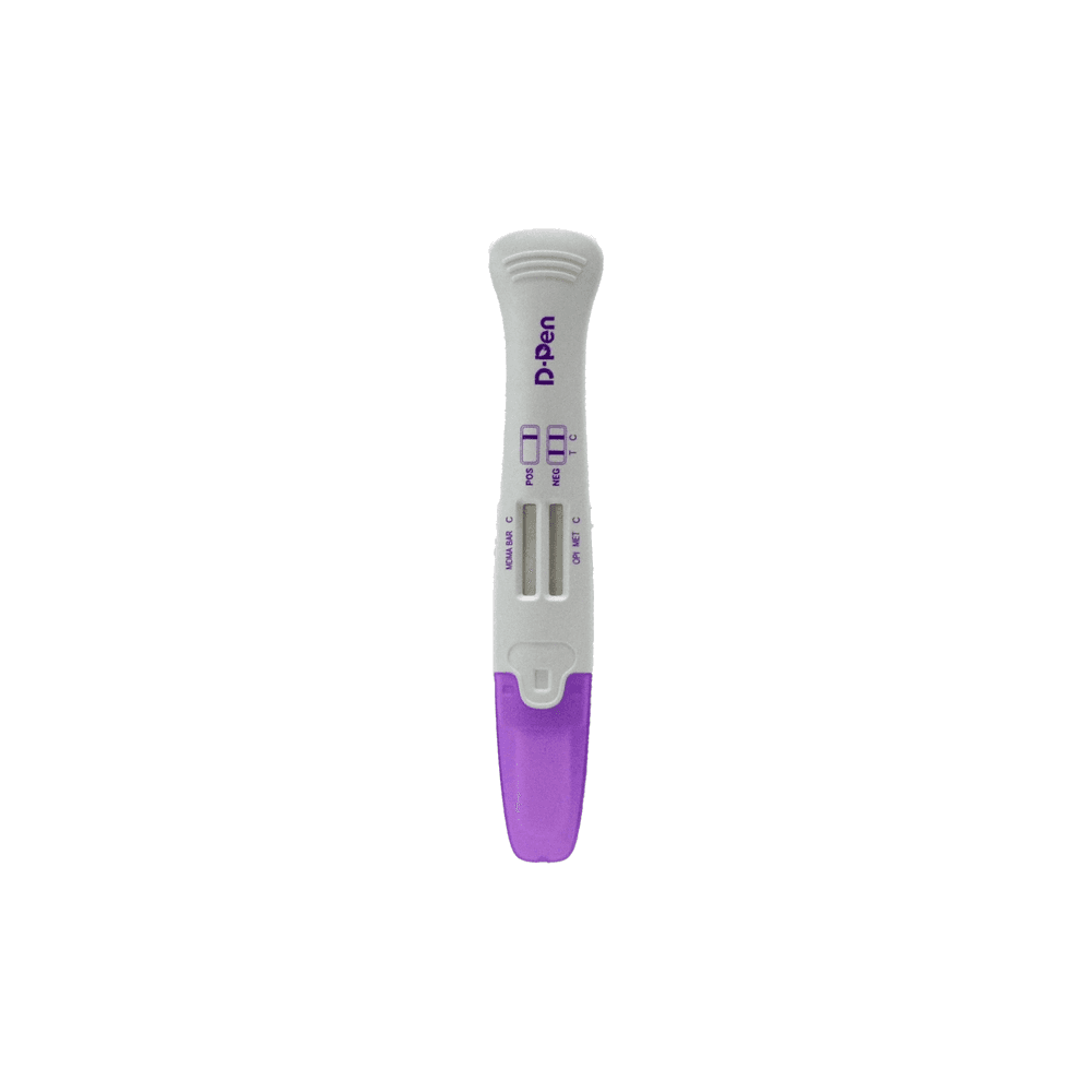 3-Panel D-Pen Oral Fluid Test (Alcohol + Nicotine + THC) test device showing result windows for Alcohol, Nicotine (Cotinine), Marijuana view 3
