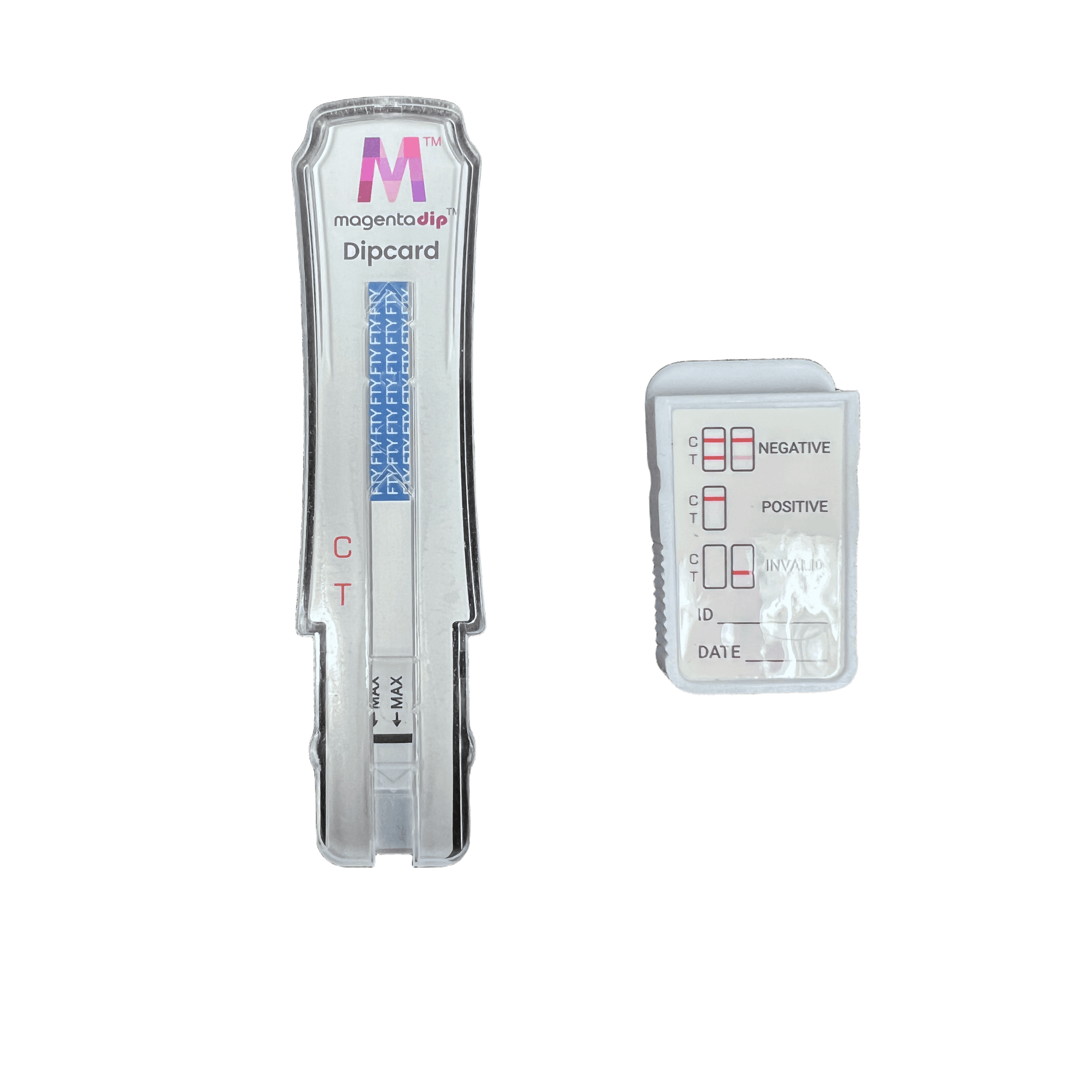 Fentanyl Urine Magenta Dip Card Flood Proof test device showing Fentanyl result window at 20 ng/mL view 2