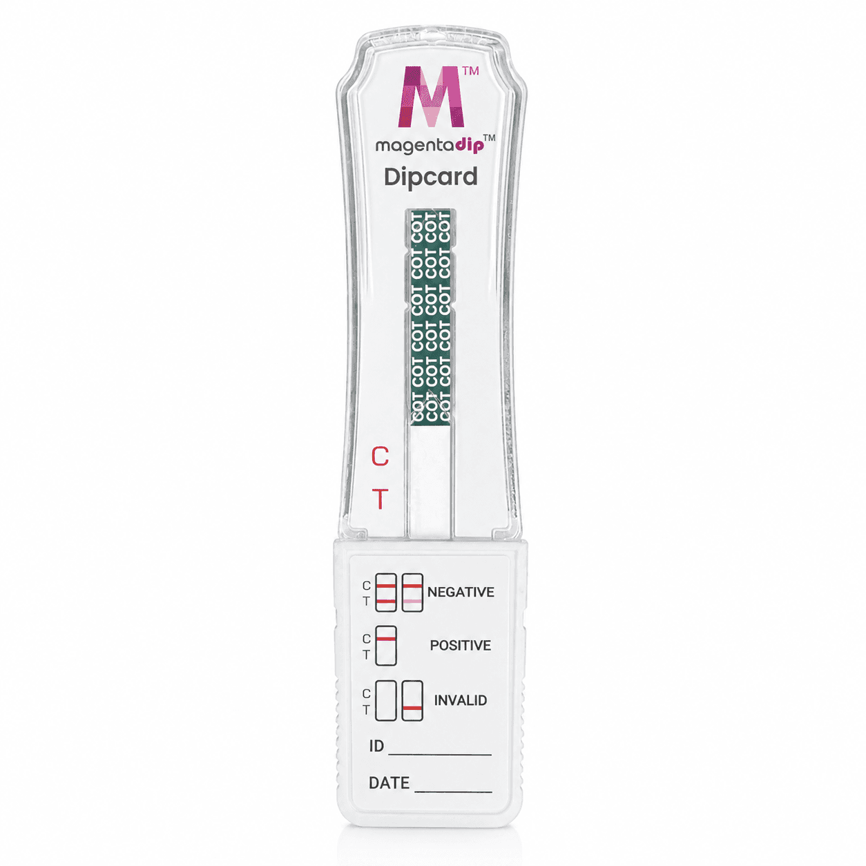 Nicotine / Cotinine Urine Magenta Dip Card @ 100 ng/mL cutoff Flood Proof test device showing Nicotine (Cotinine) result window at 100 ng/mL