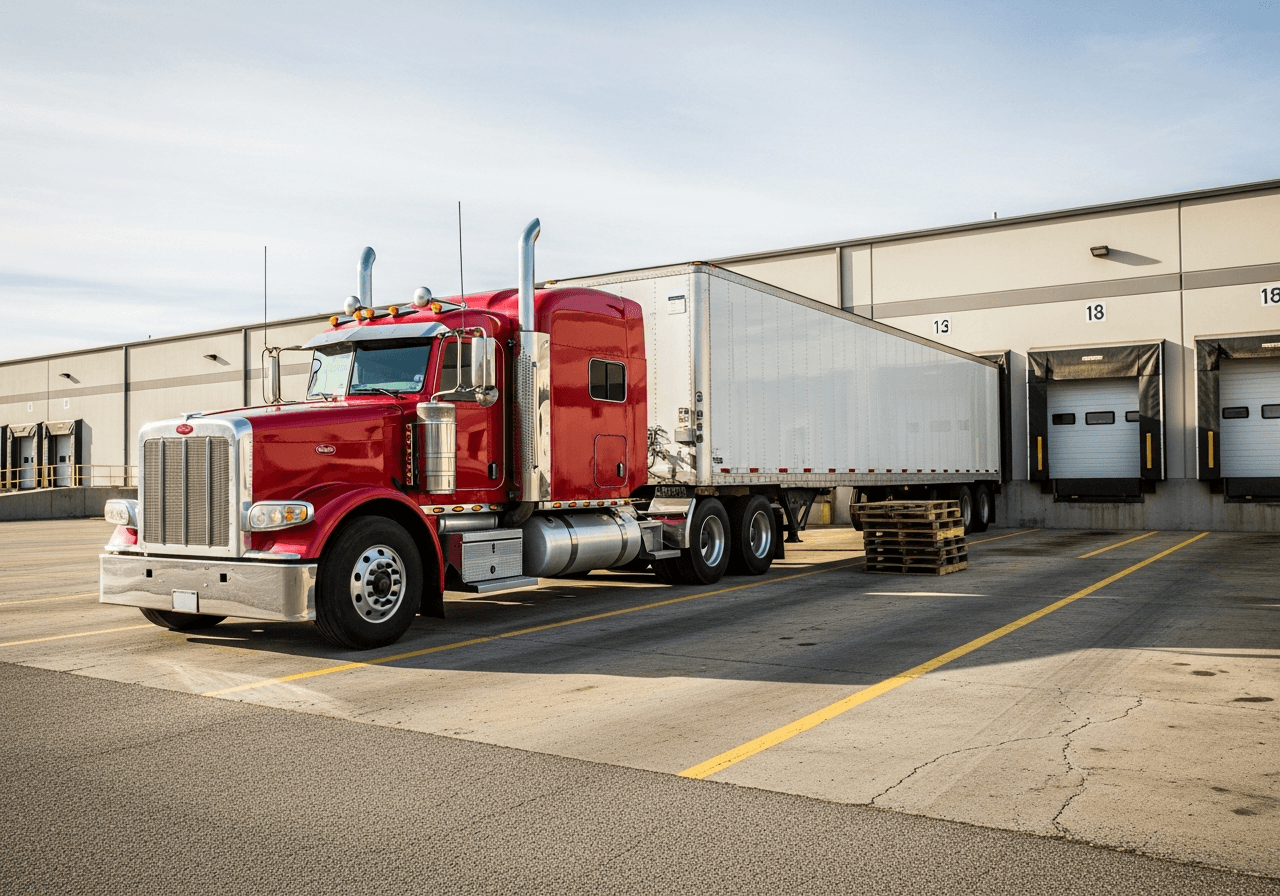 Tractor-trailer at a commercial truck terminal