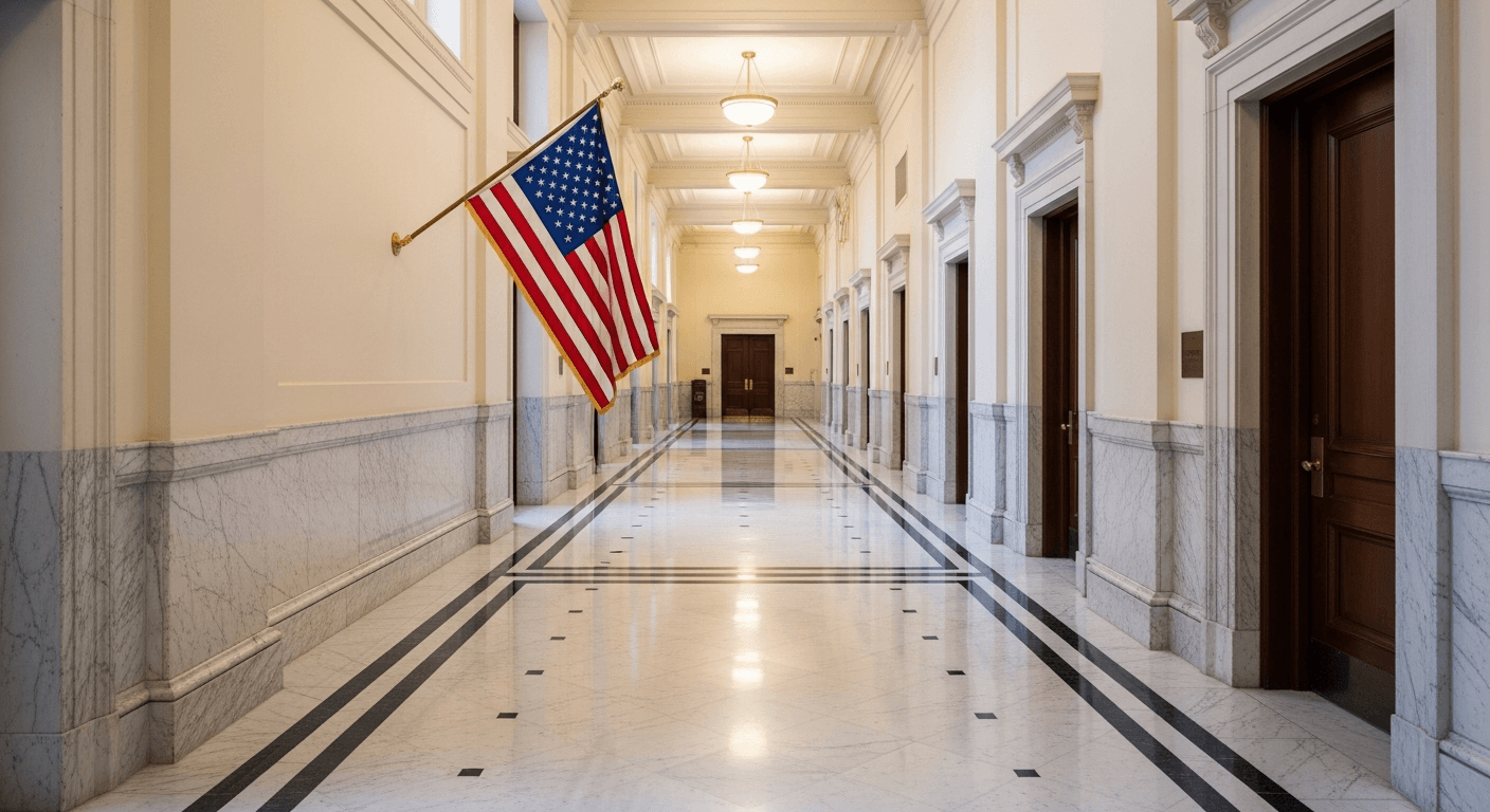 Government building corridor with American flag and dignified federal setting