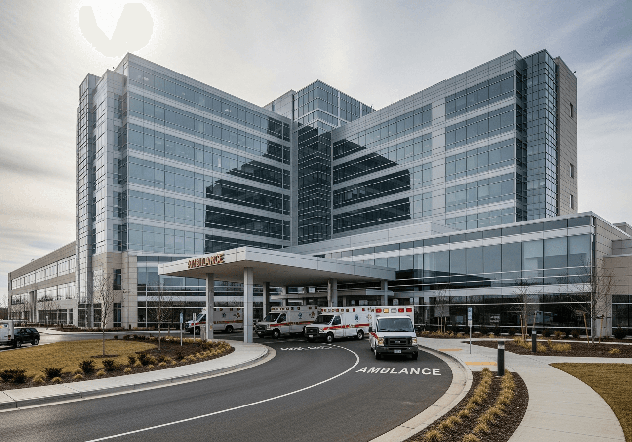 Hospital exterior with modern glass facade