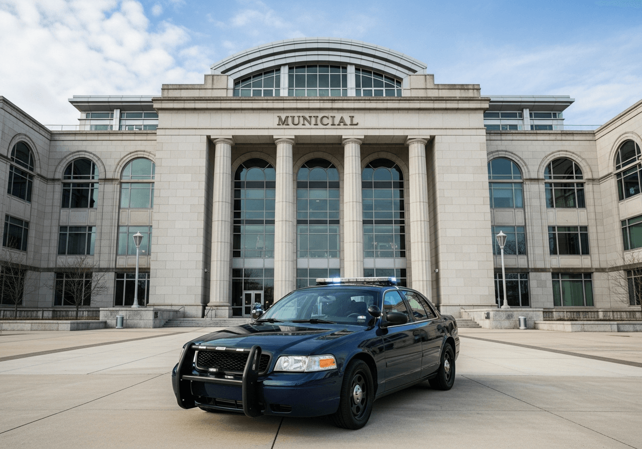 Police vehicle in front of a municipal building