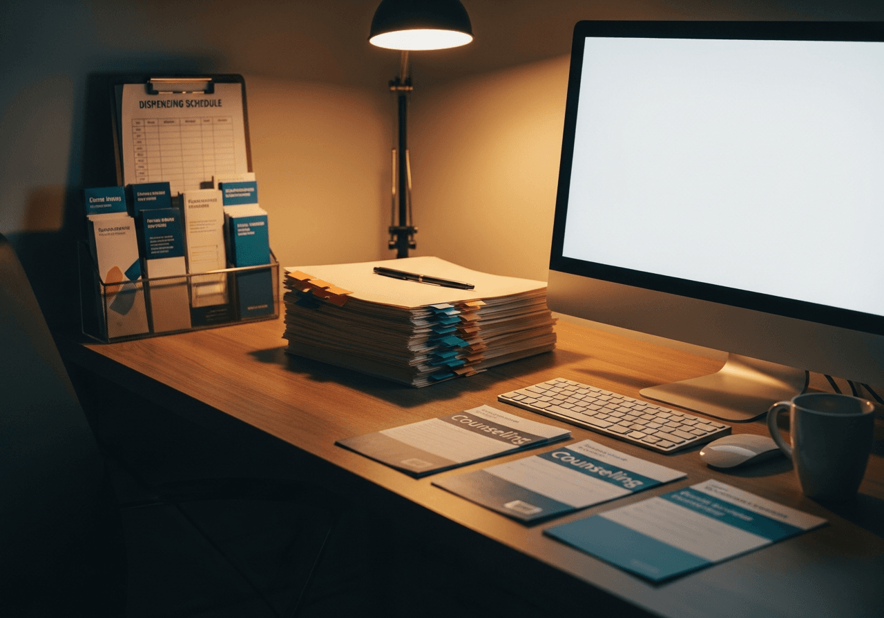 OTP clinical office with patient records, dispensing schedule, and counseling materials
