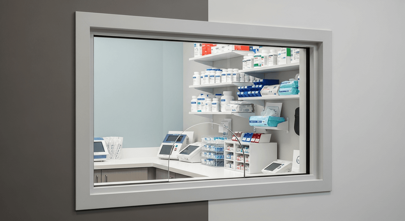 Modern medication-assisted treatment clinic dispensing area with organized clinical equipment