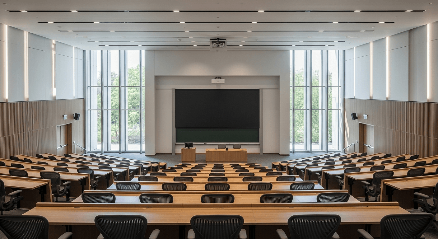 University lecture hall with tiered seating and large windows