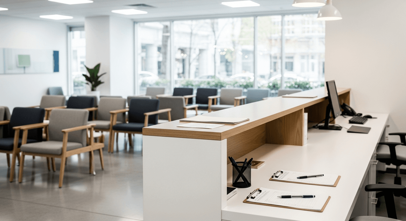 Modern staffing agency reception area with clipboards and professional setting