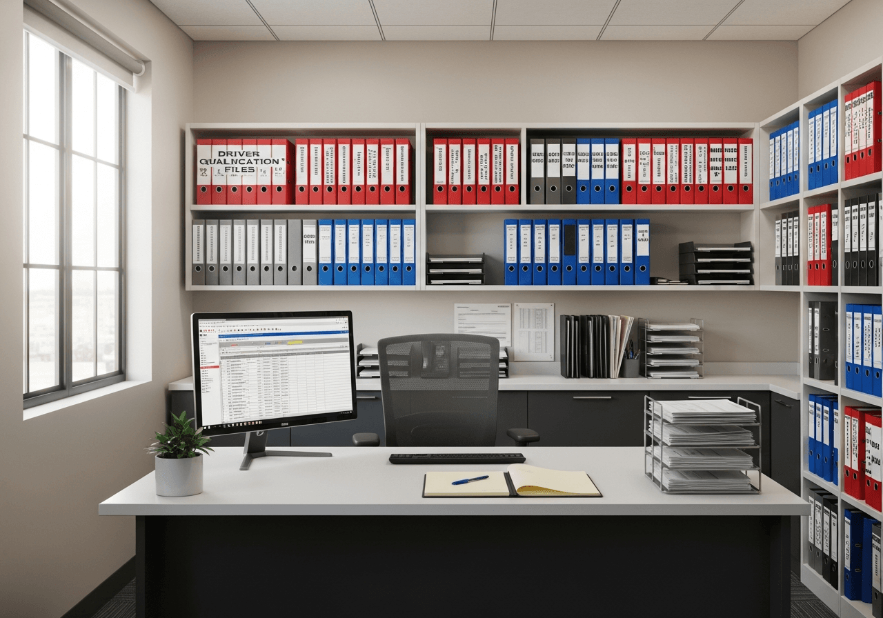 Trucking compliance officer reviewing driver qualification files in a fleet safety office