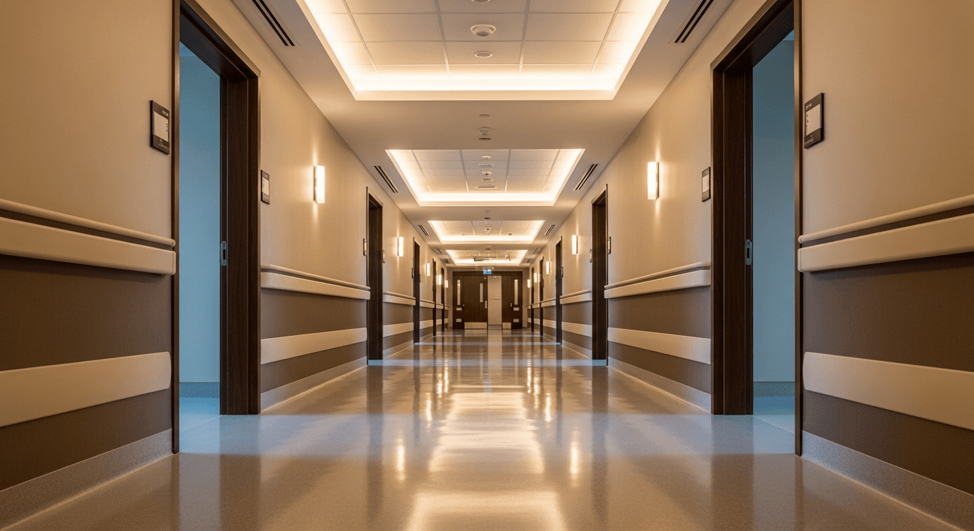 Modern hospital corridor with clean floors and patient room doorways