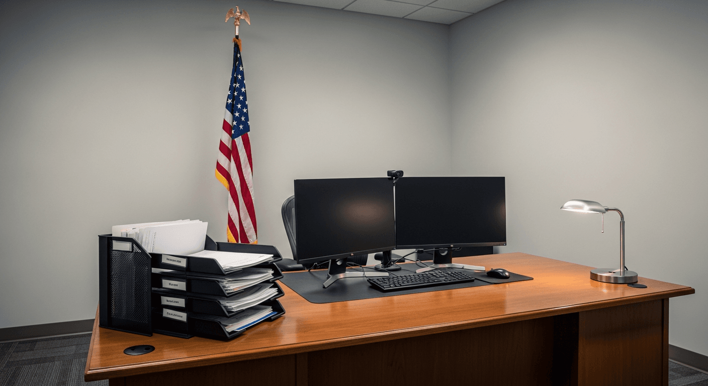 Professional law enforcement administrative office with American flag