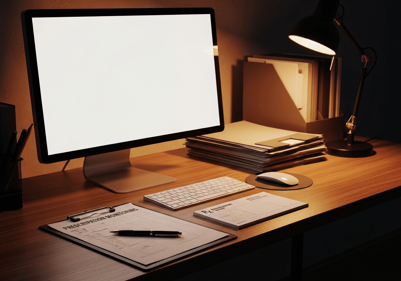 Pain management clinical office with patient files and prescription monitoring documentation