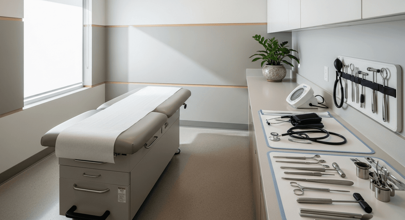 Clean pain management clinic exam room with examination table and medical equipment