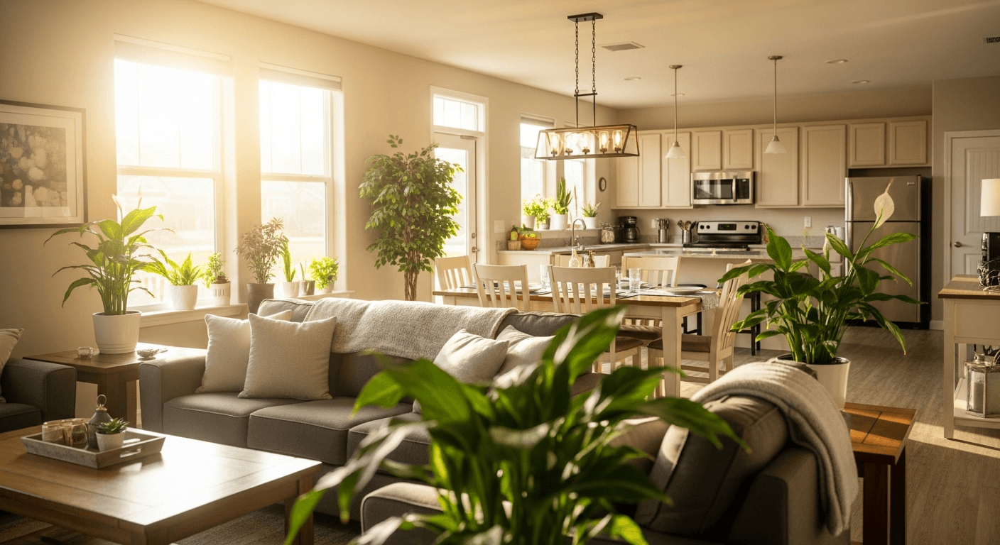 Welcoming sober living recovery house common room with warm sunlight